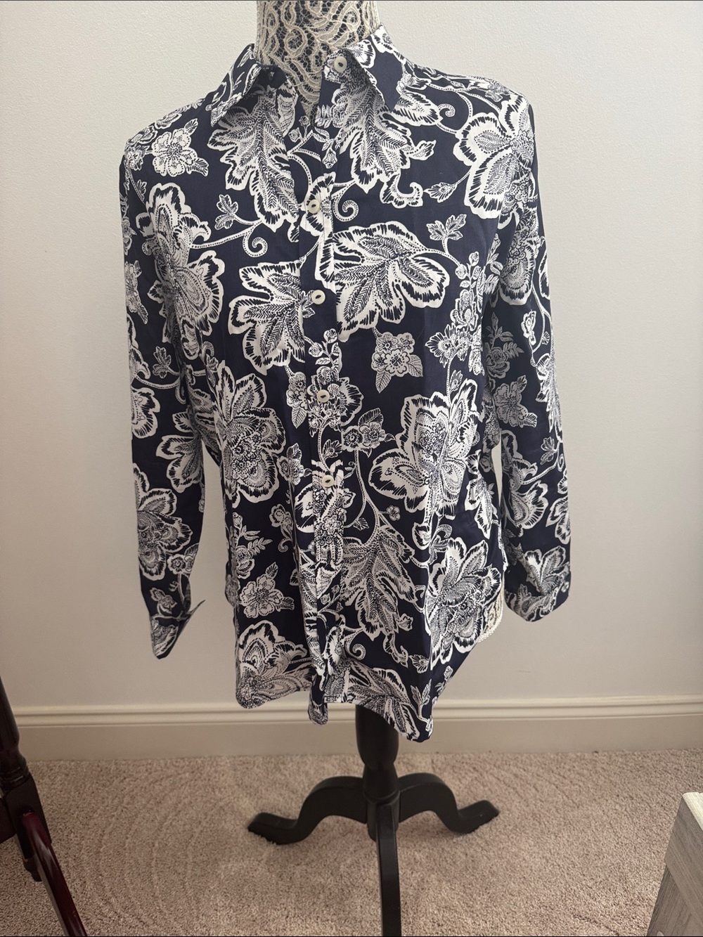 Ladies Navy and White Floral Button-Up Shirt